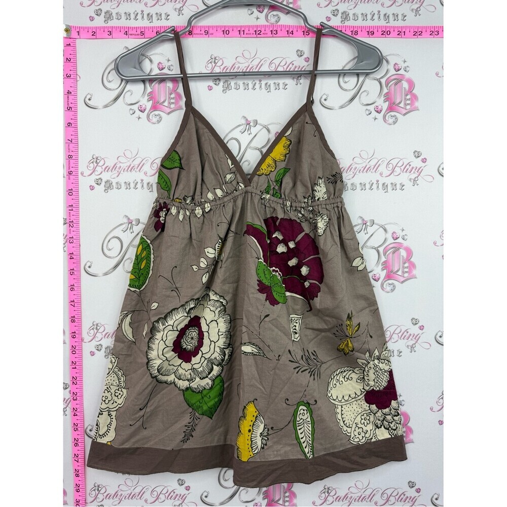 Bluenotes y2k Taupe Floral Spaghetti Strap Tank with Burgundy & Green Accents